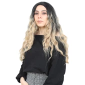 Su Dalgası Uzun Perçemsiz Fiber Sentetik Peruk - Siyah / Balköpüğü Ombreli thumbnail 1