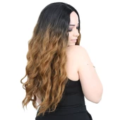 Su Dalgası Uzun Perçemsiz Fiber Sentetik Peruk - Siyah / Karamel Ombreli thumbnail 2