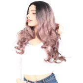 Yoğun Dalgalı Fiber Sentetik Uzun Perçemsiz Peruk - Siyah / Gül Kurusu Ombreli thumbnail 3