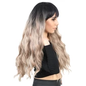 Perçemli Uzun Su Dalgası Fiber Sentetik Peruk- Siyah / Küllü Bebek Sarı Ombreli thumbnail 2