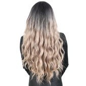 Perçemli Uzun Su Dalgası Fiber Sentetik Peruk- Siyah / Küllü Bebek Sarı Ombreli thumbnail 4