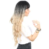 Perçemli Uzun Su Dalgası Fiber Sentetik Peruk - Siyah / Balköpüğü Ombreli thumbnail 2