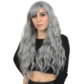 Perçemli Uzun Su Dalgası Fiber Sentetik Peruk - Açık Gri thumbnail 1
