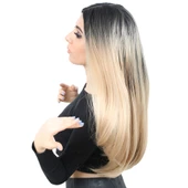 Fiber Sentetik Uzun Düz Peruk - Siyah / Balköpüğü Ombreli thumbnail 3