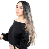 Fiber Sentetik Uzun Su Dalgası Peruk - Siyah / Küllü Platin Ombreli thumbnail 3