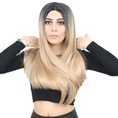 Fiber Sentetik Uzun Düz Peruk - Siyah / Balköpüğü Ombreli thumbnail 1