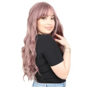 Perçemli Uzun Su Dalgası Fiber Sentetik Peruk- Gül Kurusu thumbnail 2