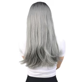 Fiber Sentetik Uzun Düz Peruk - Siyah / Gri Ombreli - 4