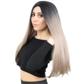 Fiber Sentetik Uzun Düz Peruk - Siyah / Küllü Bebek Sarı Ombreli thumbnail 3