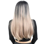 Fiber Sentetik Uzun Düz Peruk - Siyah / Küllü Bebek Sarı Ombreli thumbnail 4