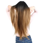 Fiber Sentetik Uzun Düz Kahküllü Peruk - Siyah / Karamel Ombreli thumbnail 4