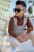 Erkek Çocuk Çizgili Cepken ve Gömlek Yaka Kahverengi Bluz Alt Üst Takım thumbnail 5