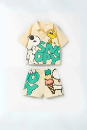 Unisex Bebek & Çocuk Snoopy Baskılı Pamuklu Polo Yaka T-shirt ve Şort Alt Üst Takım - 1