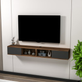 Arnetti Mayer TV Sehpası, Duvara Monte Raflı  Televizyon Sehpası, Ceviz Antrasit - 2