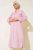 Önden Düğmeli Çizgili Gofre Tunik Pembe thumbnail 2