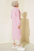 Önden Düğmeli Çizgili Gofre Tunik Pembe thumbnail 3