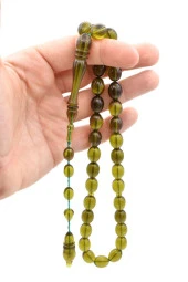 Sistemli Beyzi Kesim Dev Boy Zeytinyağı Rengi Toz Pres Kehribar Tesbih - 4