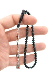 Mineli Kamçılı Bilek Boy Siyah Mavi Sürmeli Sıkma Kehribar Tesbih thumbnail 4