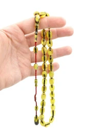 Ahmet Emin İmzalı Badem Kesim Hareli Sarı Sıkma Kehribar Tesbih thumbnail 3