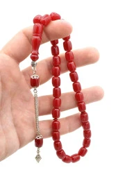 Gümüş Kaplama Kamçılı Kapsül Kesim Kırmızı Katalin Tesbih thumbnail 3