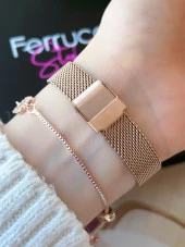 Ferrucci Çift Hasır Çelik&Deri Kordon Özelikli Yeni Sezon 3 Atm Kadın Kol Saati+Bileklik BLKT.B.100 thumbnail 3