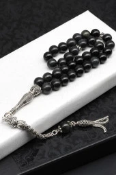 Obsidyen Doğal Taş Tesbih 925 Ayar Gümüş 8 mm Küre Kesim thumbnail 1