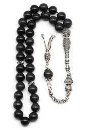 Obsidyen Doğal Taş Tesbih 925 Ayar Gümüş 8 mm Küre Kesim thumbnail 2