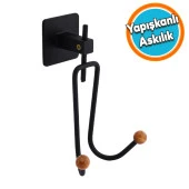 Yapışkanlı Dekoratif Siyah Metal Uzun Çatal 2li Askılık Sağlam Banyo Lavabo Aparat Bornoz Havlu Asma Askı - 1