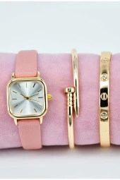 Pembe Deri Kordon Altın Renk Taşlı ve Çivi Model Bileklikli Şık Sade Genç Kız Kadın Kol Saati SU-891 - 1
