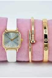 Altın Renk Çivi ve Taşlı Model Bileklikli Beyaz Deri Kordon Genç Kız Kadın Kol Saati SU-913 - 1