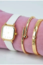 Altın Renk Çivi ve Taşlı Model Bileklikli Beyaz Deri Kordon Genç Kız Kadın Kol Saati SU-913 - 2