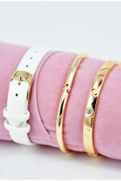 Altın Renk Çivi ve Taşlı Model Bileklikli Beyaz Deri Kordon Genç Kız Kadın Kol Saati SU-913 - 3