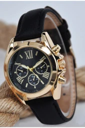 Siyah Deri Kordonlu Altın Renk Kasa Roma Rakamlı Genç Kız Kadın Kol Saati SU-908 - 1
