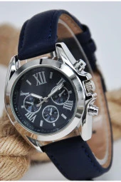 Koyu Mavi Deri Kordonlu Gümüş Renk Kasa Roma Rakamlı Genç Kız Kadın Kol Saati Su-909 - 1