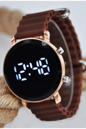 Kahverengi Renk Silikon Kordonlu Tuşlu Led Unisex Kol Saati SU-904 - 1
