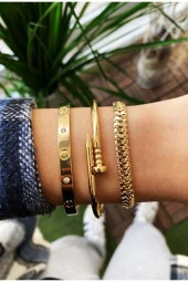 3'lü Altın Renk Taşlı Tırtıl ve Çivi Bileklik Seti Yeni Sezon Şık Sade SU-747 - 1