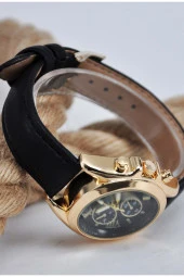 Siyah Deri Kordonlu Altın Renk Kasa Roma Rakamlı Genç Kız Kadın Kol Saati SU-908 - 2