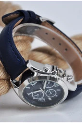 Koyu Mavi Deri Kordonlu Gümüş Renk Kasa Roma Rakamlı Genç Kız Kadın Kol Saati Su-909 - 2