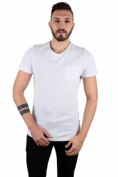 Five Pocket Erkek Bisiket Yaka Cepli Tişört Oversize Beyaz thumbnail 1