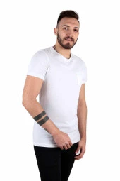 Five Pocket Erkek Bisiket Yaka Cepli Tişört Oversize Beyaz thumbnail 2