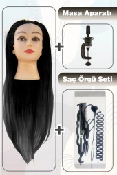 Kuaför Eğitim Mankeni + Masa Aparatı + Saç Örgü Seti - Siyah thumbnail 1