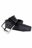 2 Adet Hakiki Deri Erkek Kemer 4,5 cm Dikiş Desenli Siyah thumbnail 3