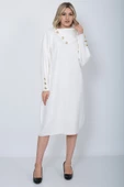Triko Uzun Kadın Elbise Yaka Düğmeli Ekru thumbnail 1