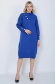 Triko Uzun Kadın Elbise Yaka Düğmeli Mavi thumbnail 1