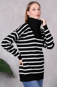 Kadın Kamyoncu Yaka Oversize Çizgili Fermuarlı Uzun Triko Kazak Siyah thumbnail 1