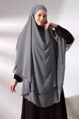Gri Üç Katlı Peçeli Uzun Şifon Tesettür Sufle Eşarp - 3