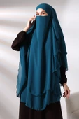 Petrol Şifon Üç Katlı Peçeli Uzun Tesettür Sufle Eşarp thumbnail 2