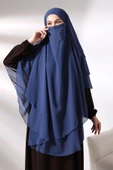 Mavi Üç Katlı Peçeli Uzun Şifon Tesettür Sufle Eşarp thumbnail 2