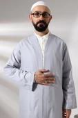 Gri Erkek Namaz Elbisesi V Yaka Düğmesiz Önü Açık Namaz Cübbesi - 6