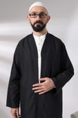 Siyah Erkek Namaz Elbisesi V Yaka Düğmesiz Önü Açık Namaz Cübbesi - 7